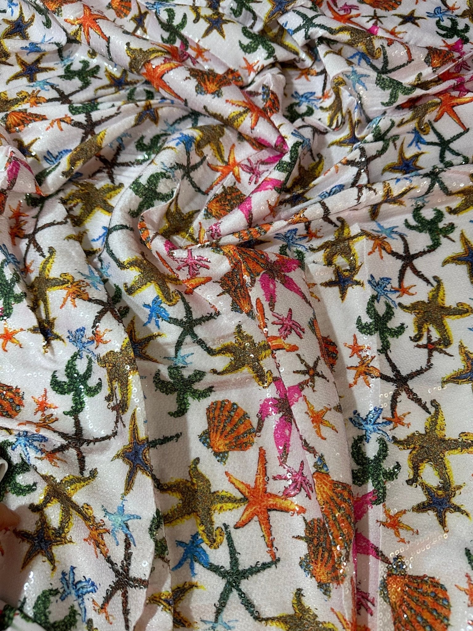 Sea Shell Pattern Sequin Fabric, 2 - Way Stretch Sequin Fabric By The Yard - Whotex Online Fabric Store