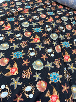 Sea Shell With Starfish On Black Pattern Fabric - Whotex Online Fabric Store