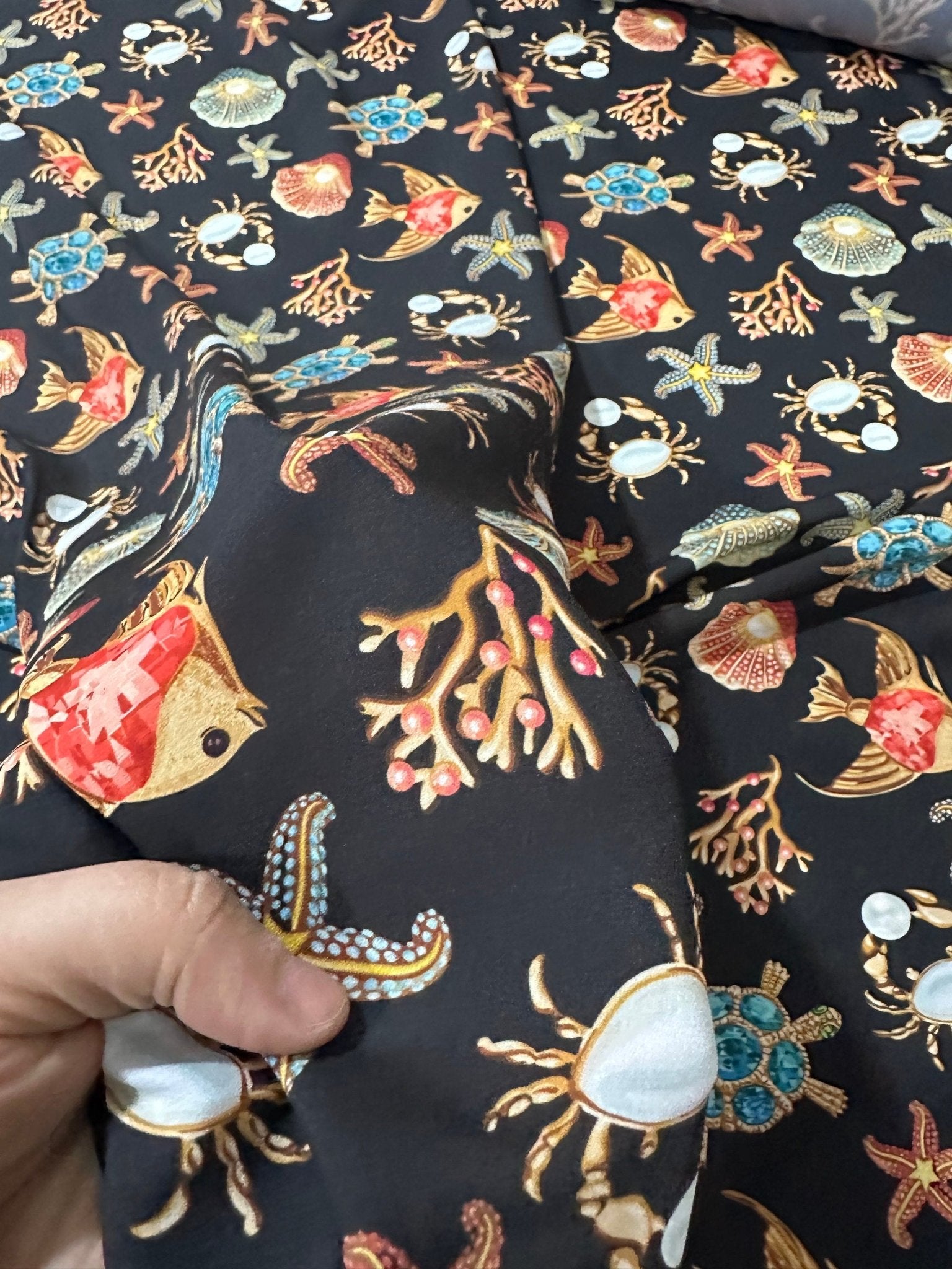 Sea Shell With Starfish On Black Pattern Fabric - Whotex Online Fabric Store