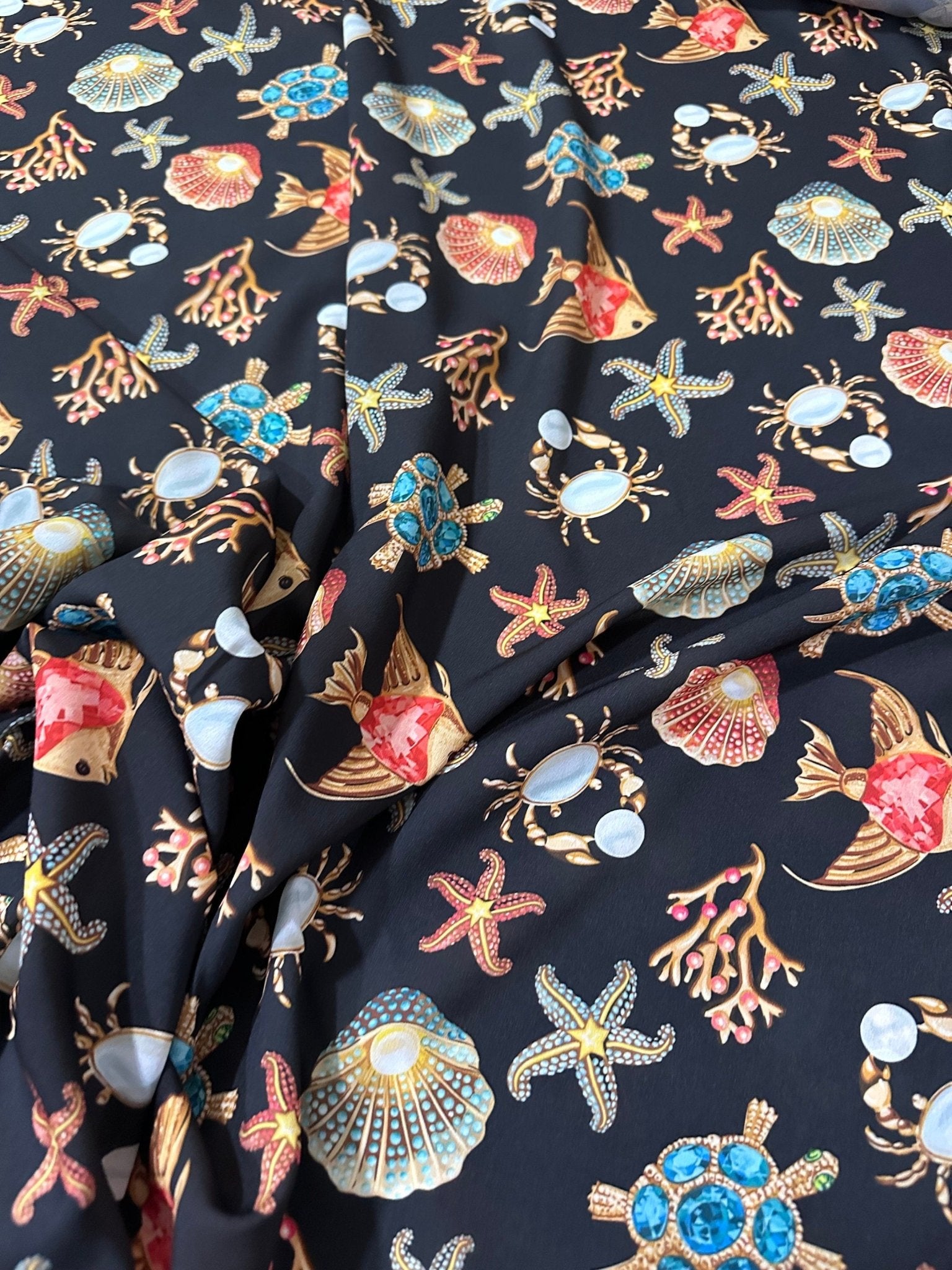 Sea Shell With Starfish On Black Pattern Fabric - Whotex Online Fabric Store