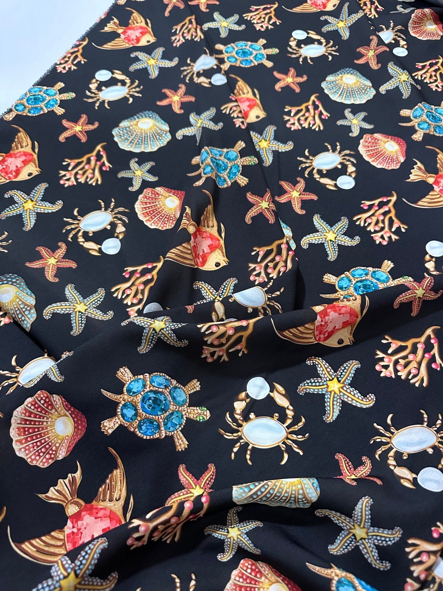 Sea Shell With Starfish On Black Pattern Fabric - Whotex Online Fabric Store