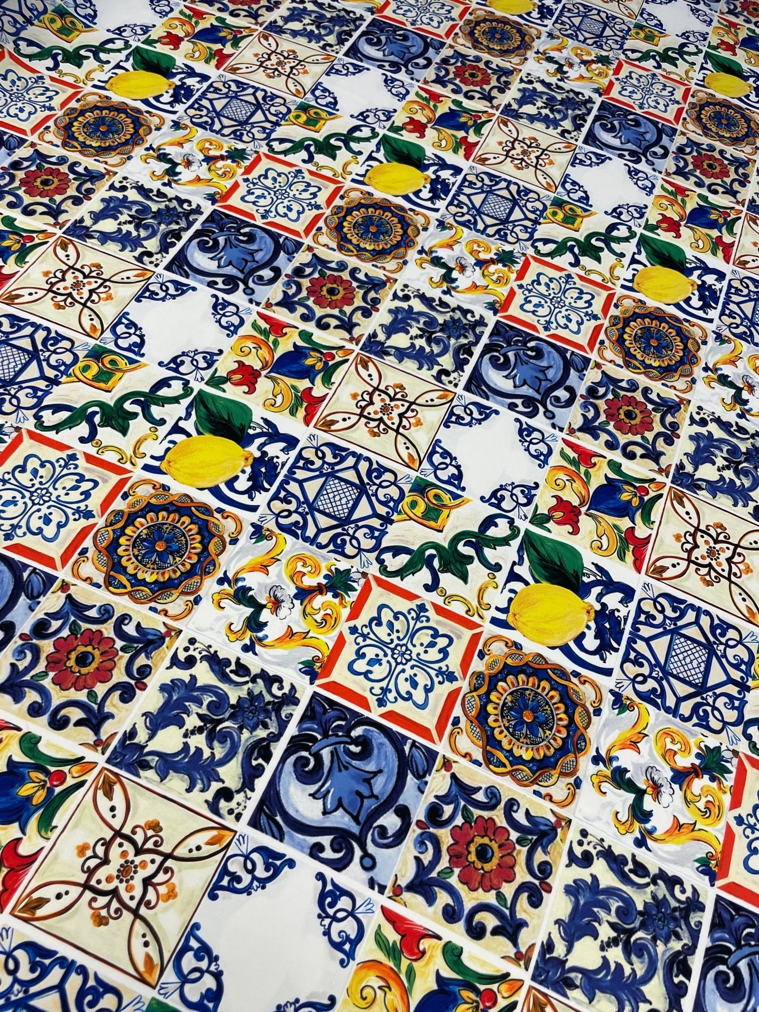 Sicilian Tile & Lemon Print Crepe Fabric by the Metre – Mediterranean Style - Whotex Online Fabric Store