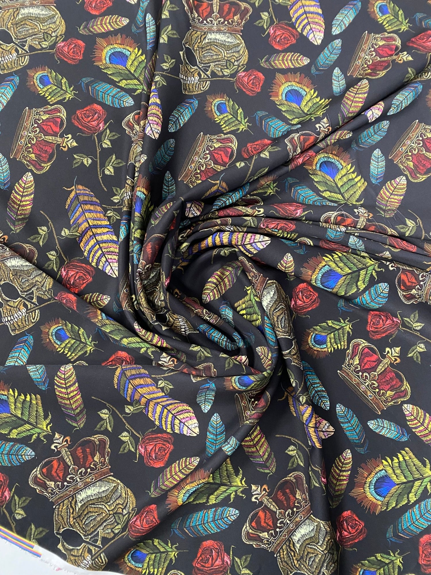 Skull & Feather Print Crepe Fabric by the Metre – Edgy Style - Whotex Fabrics London
