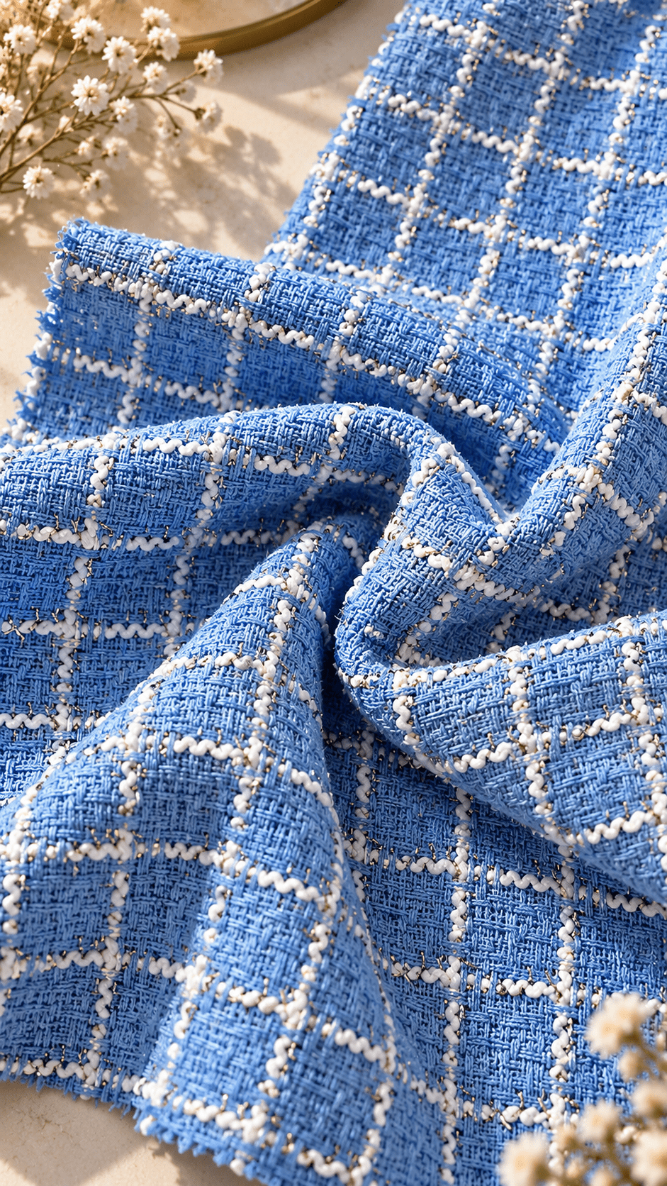 Sky Blue Wool Tweed Fabric – Checked Glitter Suiting by the Metre - Whotex Fabrics London