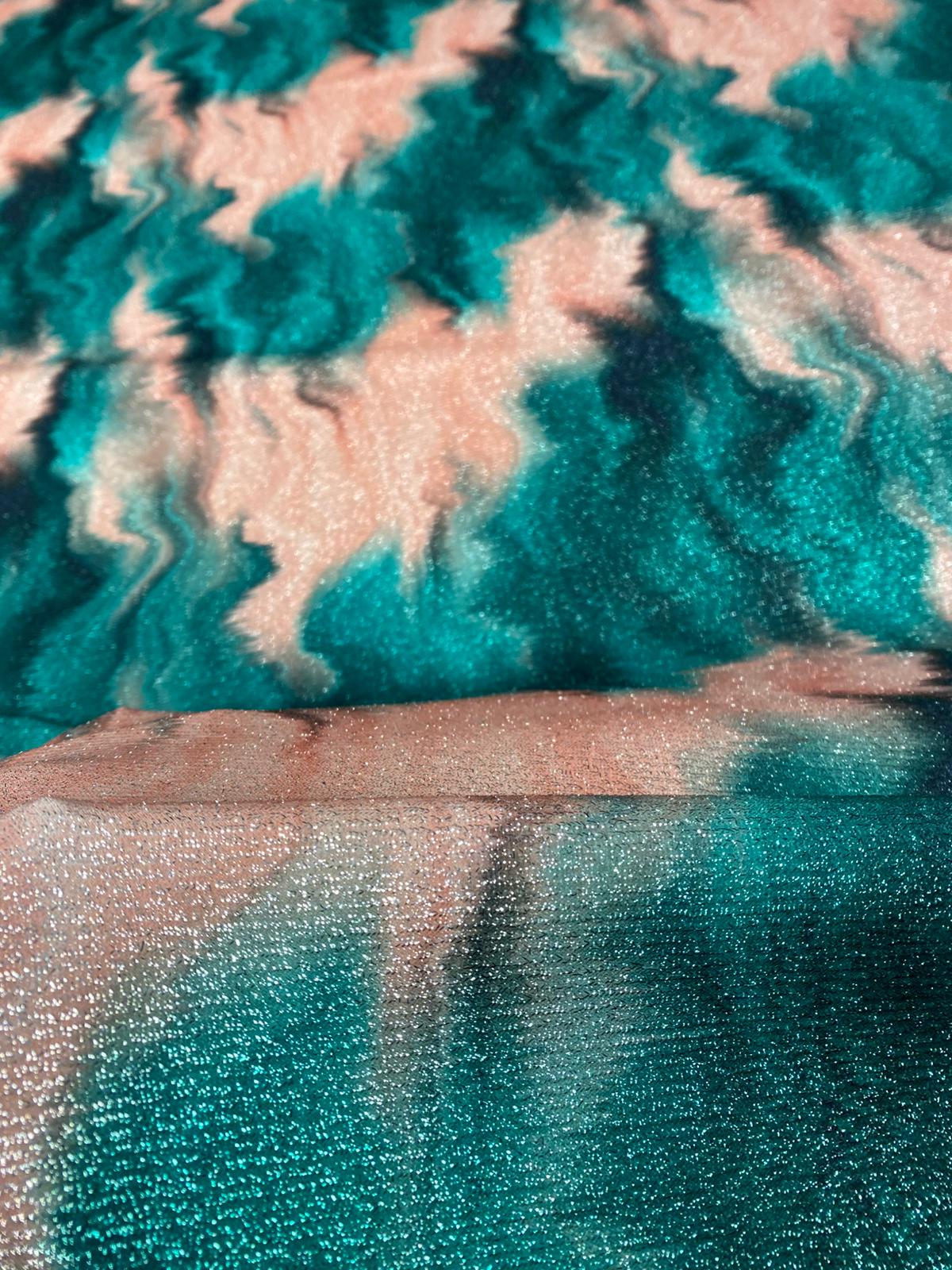 Teal Blush Abstract Lurex Fabric by the Metre - Whotex Fabrics London