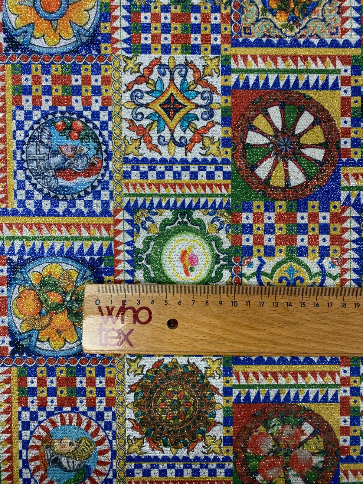 Tile Patchwork Shimmer Print Lurex Fabric by the Metre - Whotex Fabrics London
