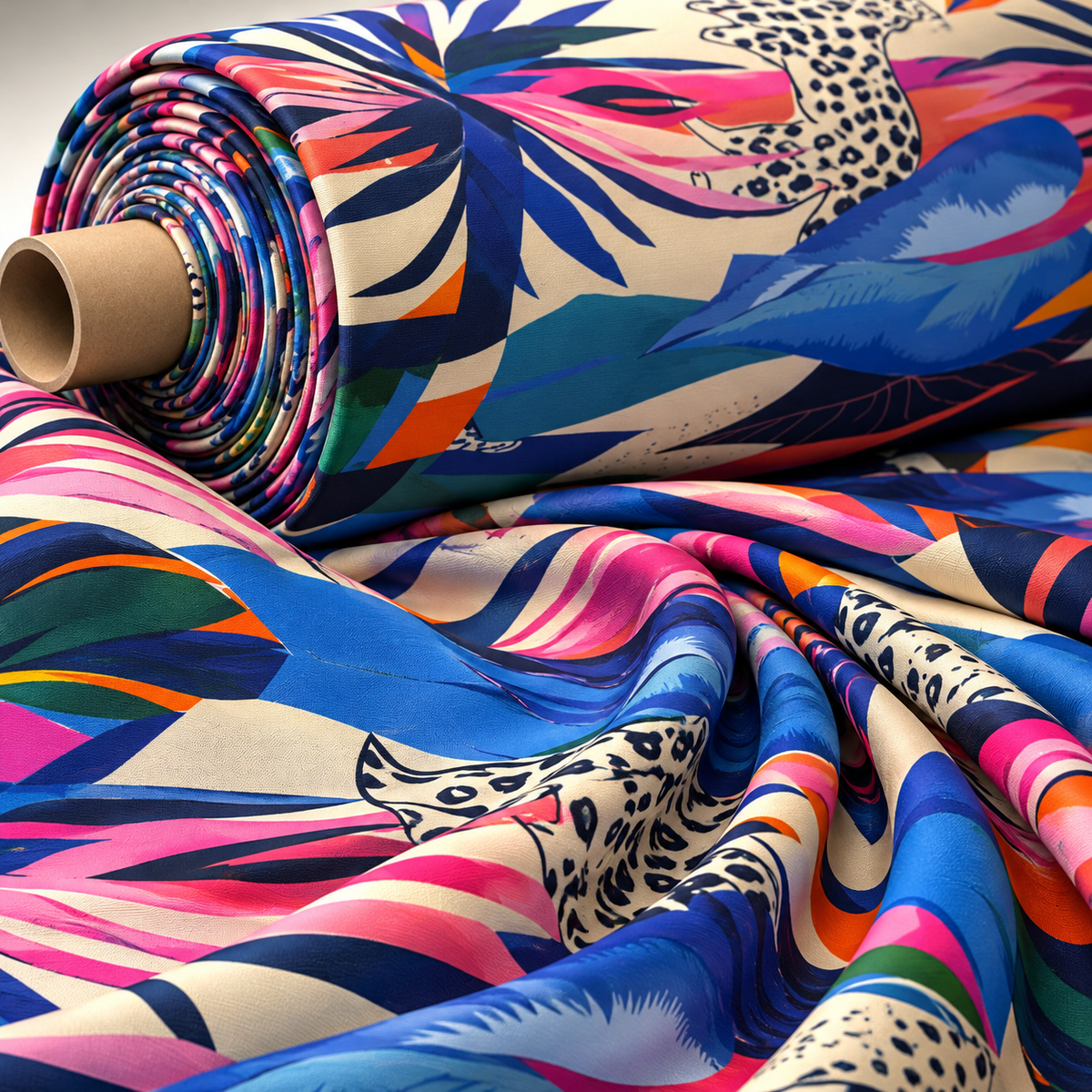 Tropical Leopard Print Satin Fabric by the Metre - Whotex Fabrics London
