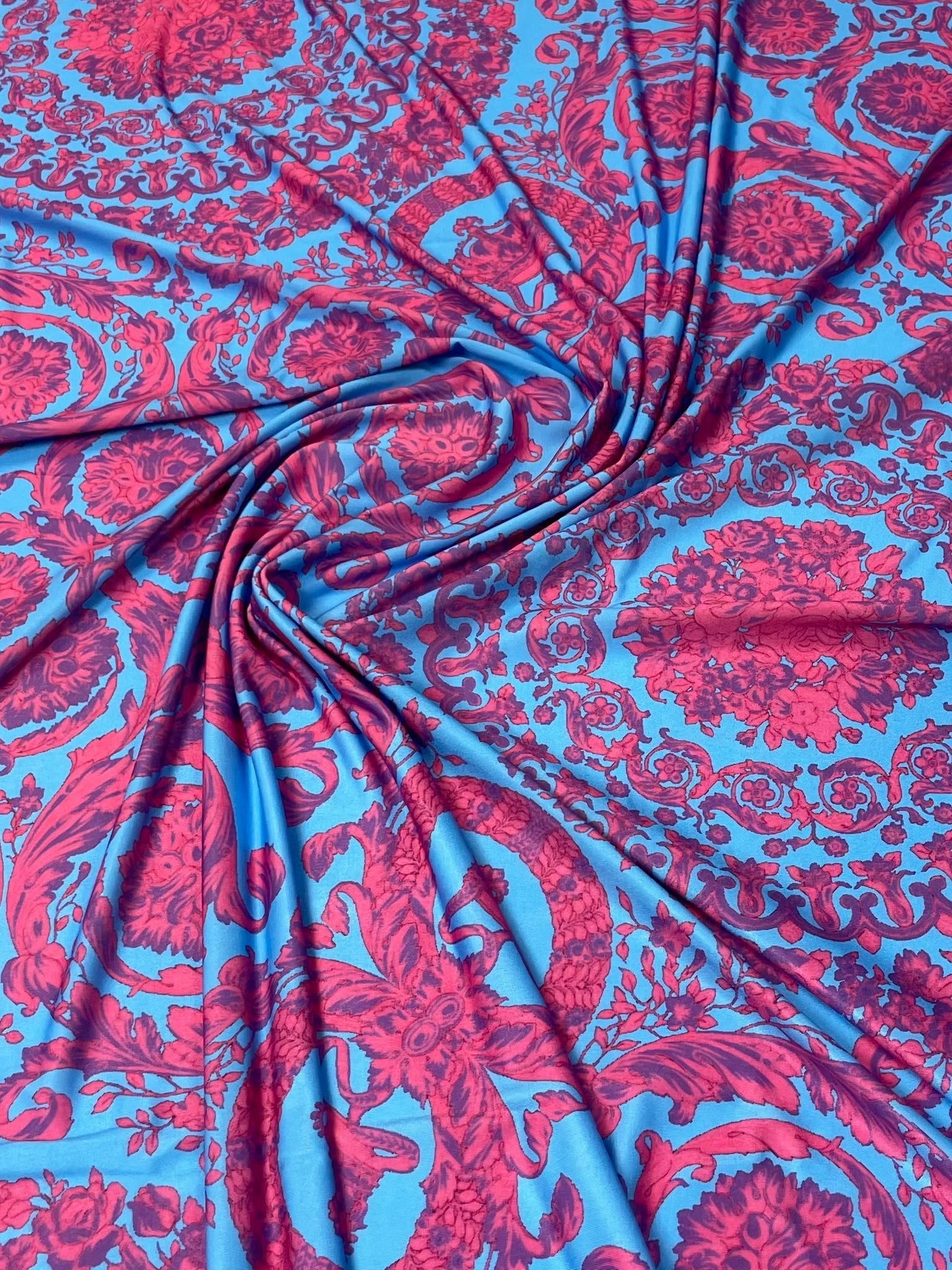 Turquoise & Fuchsia Baroque Spandex Fabric by the Metre - Whotex Fabrics London