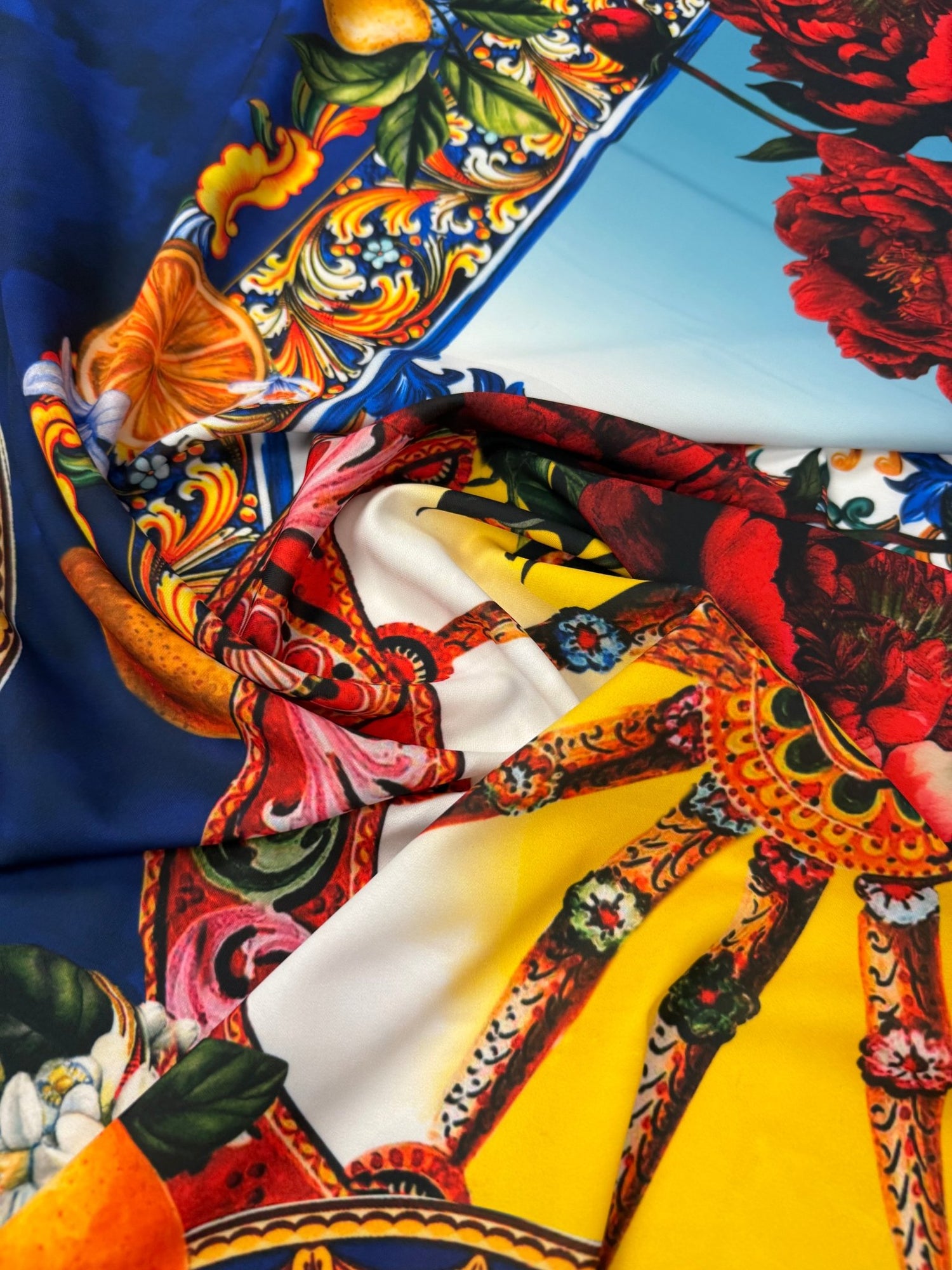 Vibrant Baroque Floral Crepe Fabric by the Metre - Whotex Fabrics London