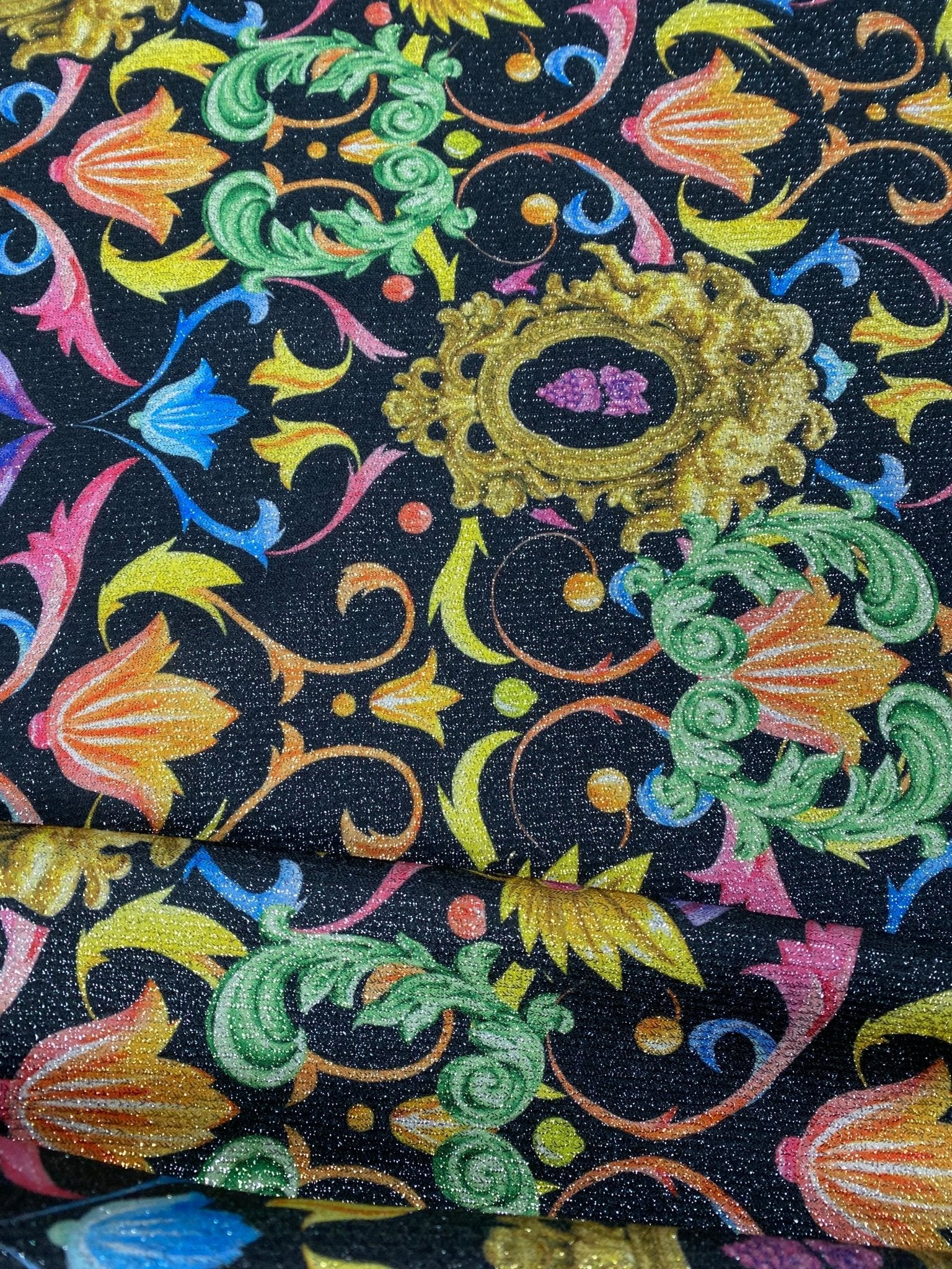 Vibrant Black Pattern Baroque Floral Heart Fabric Sold by Metre - Whotex Fabrics London