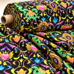 Vibrant Black Pattern Baroque Floral Heart Fabric Sold by Metre - Whotex Fabrics London