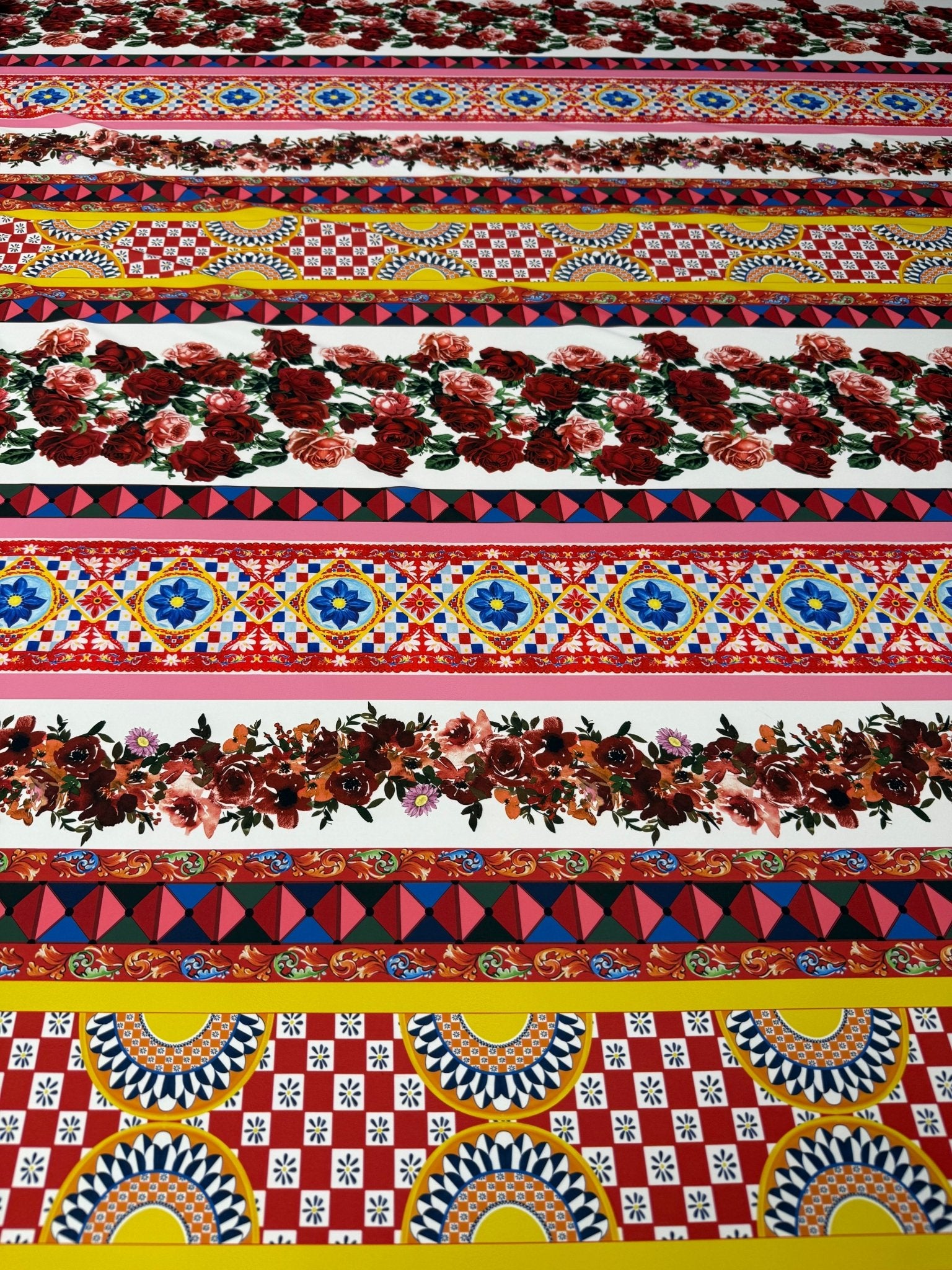 Vibrant Floral Stripe Crepe Fabric by the Metre - Whotex Fabrics London