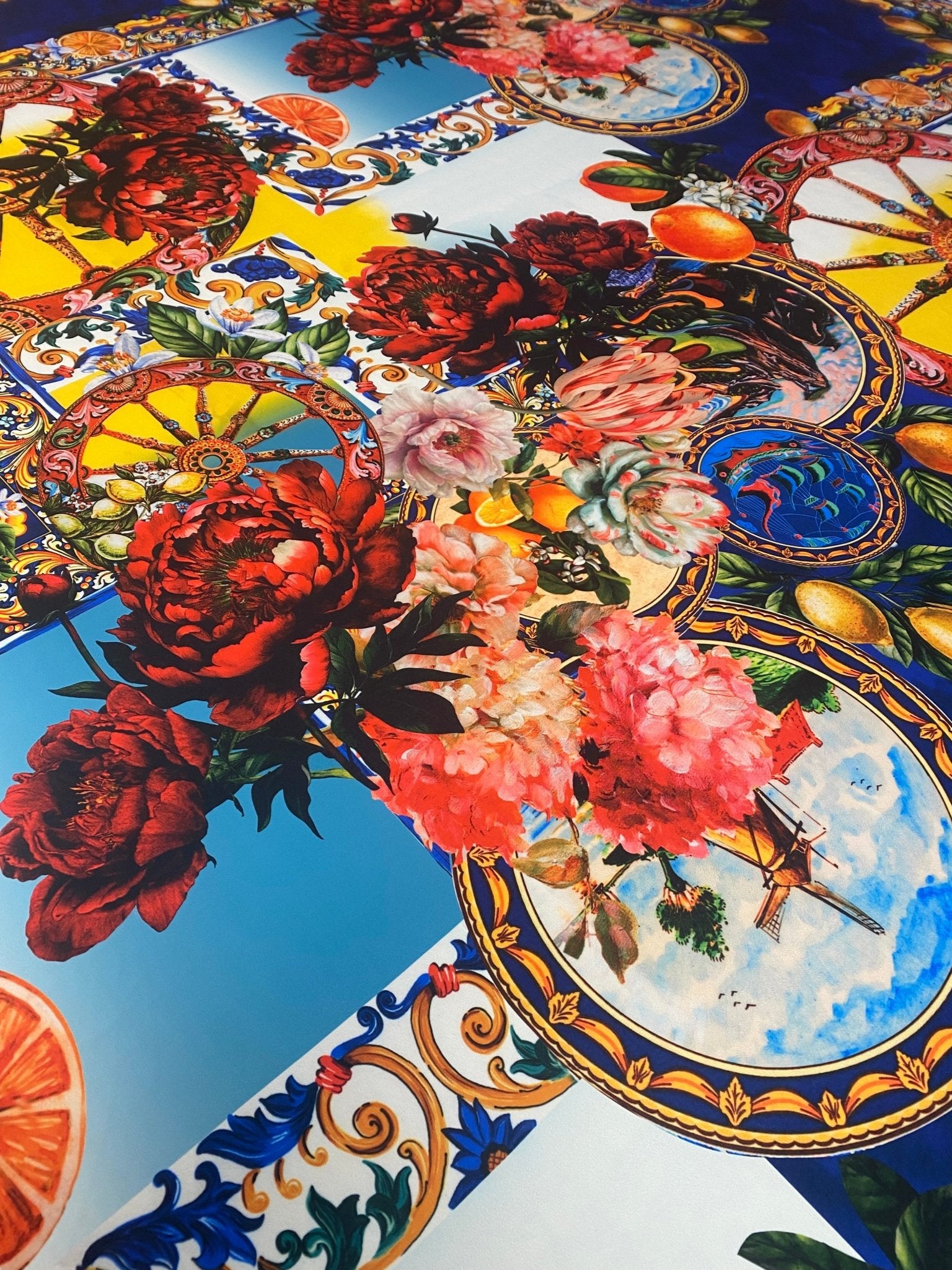 Vibrant Floral & Tile Print Crepe Fabric by the Metre - Whotex Fabrics London