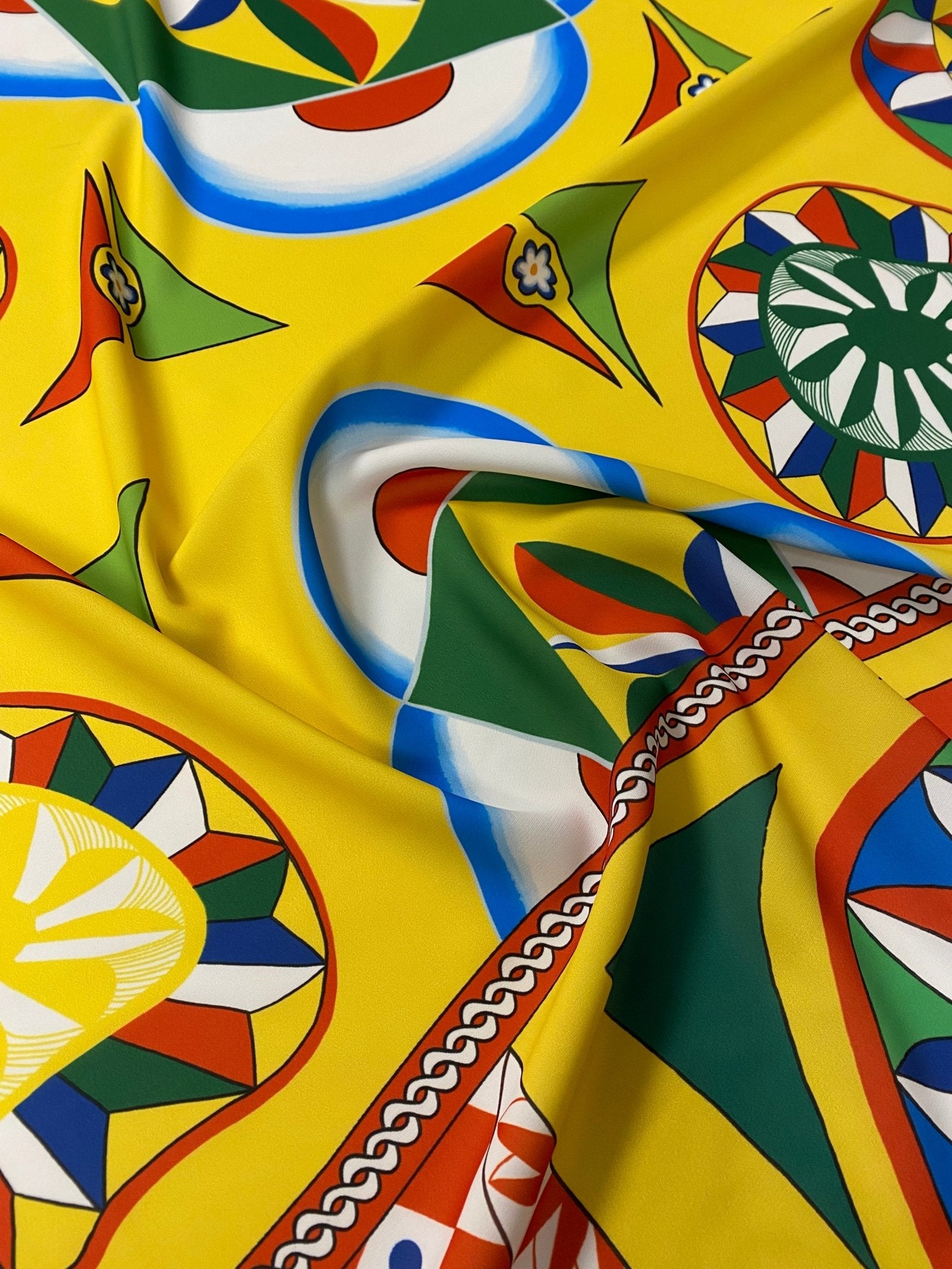 Vibrant Geometric Crepe Fabric by the Metre – Yellow Mediterranean Mosaic - Whotex Online Fabric Store