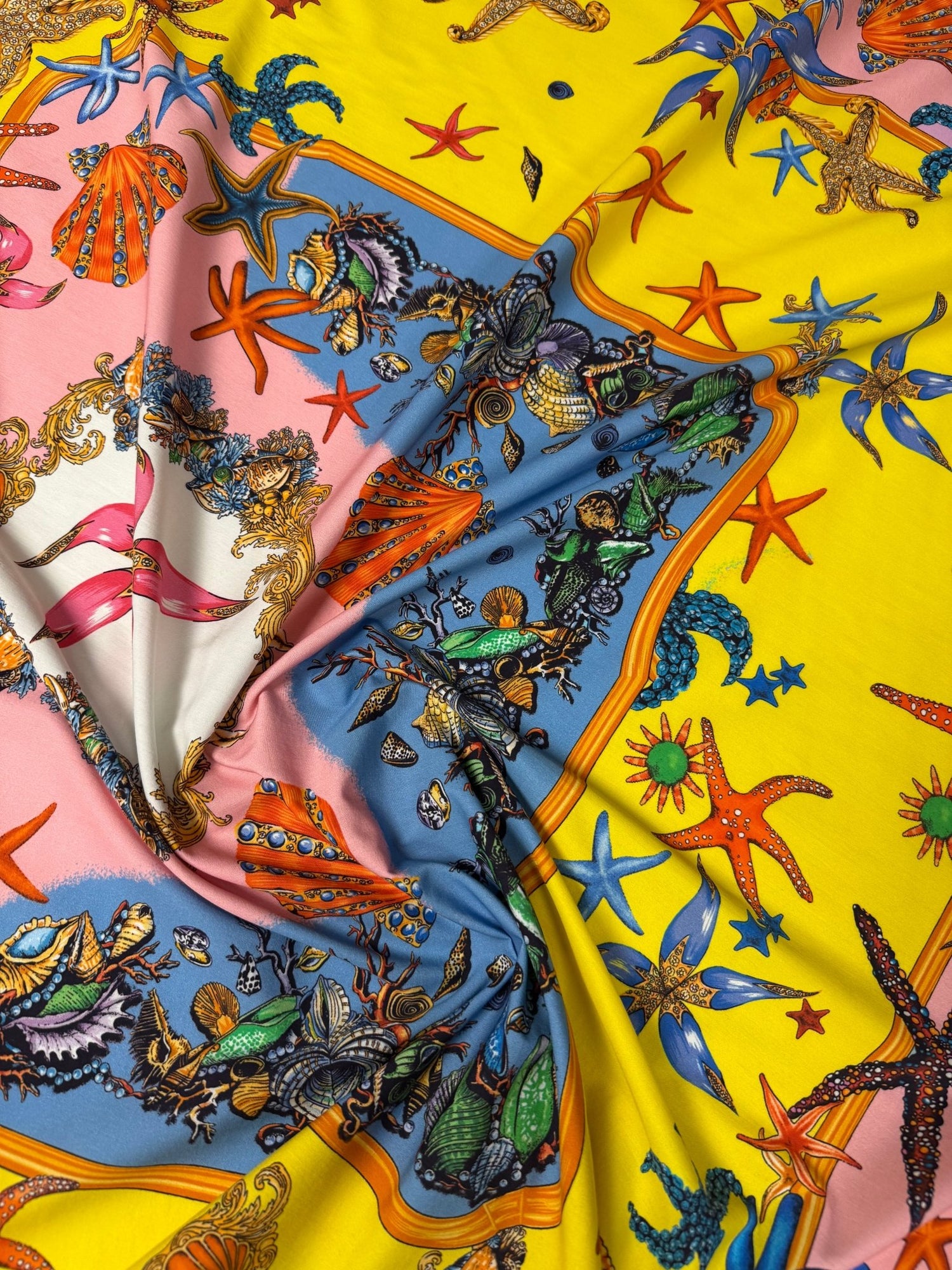 Vibrant Starfish & Seashells Organic Cotton Poplin Fabric by the Metre - Whotex Fabrics London