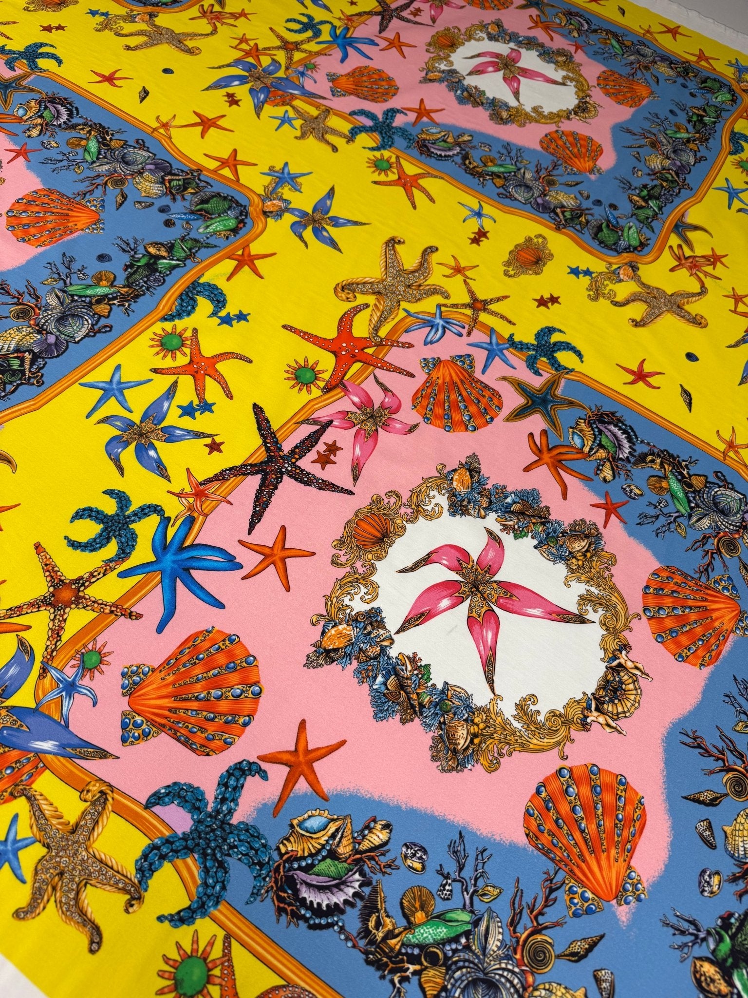 Vibrant Starfish & Seashells Organic Cotton Poplin Fabric by the Metre - Whotex Fabrics London