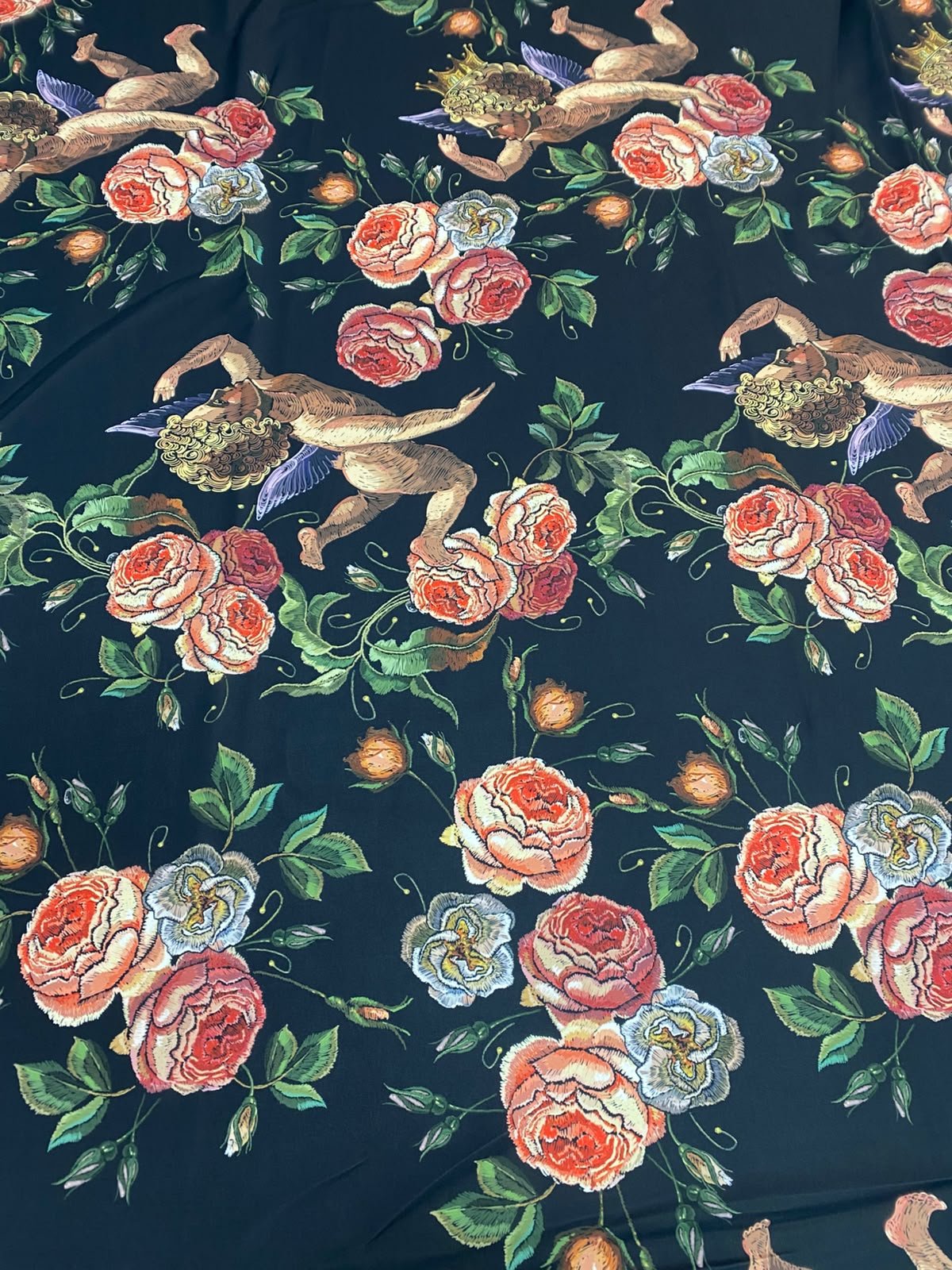 Vintage Cherub Floral Crepe Fabric by the Metre - Whotex Fabrics London