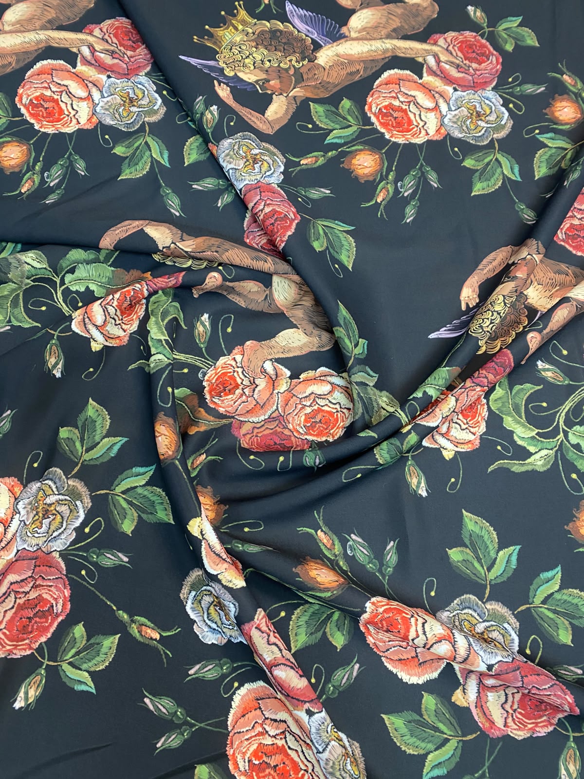 Vintage Cherub Floral Crepe Fabric by the Metre - Whotex Fabrics London