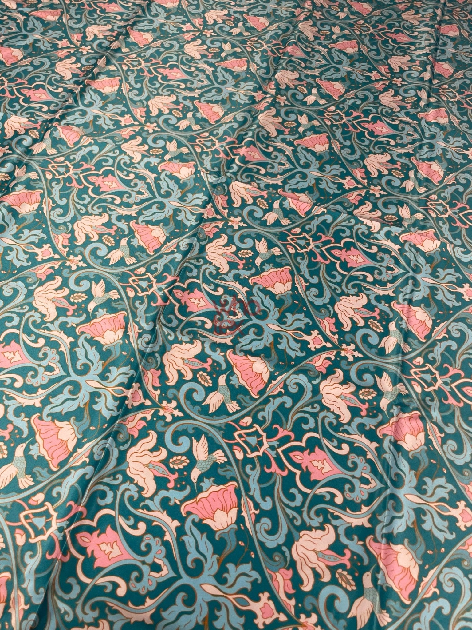 Vintage - Inspired Floral Fabric with Birds – Teal and Pink Ornate Design - Whotex Online Fabric Store