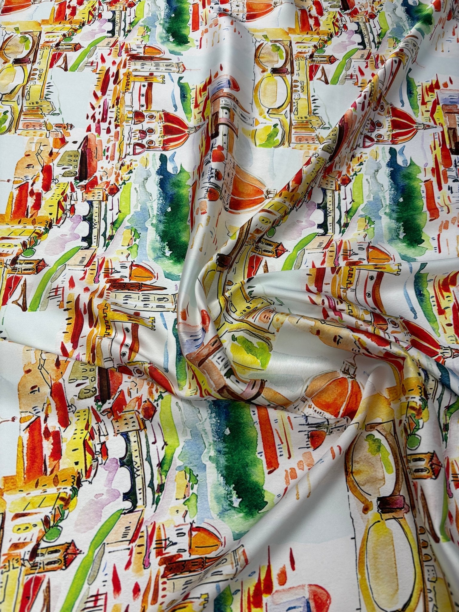 Watercolour City Print Satin Fabric by the Metre - Whotex Fabrics London
