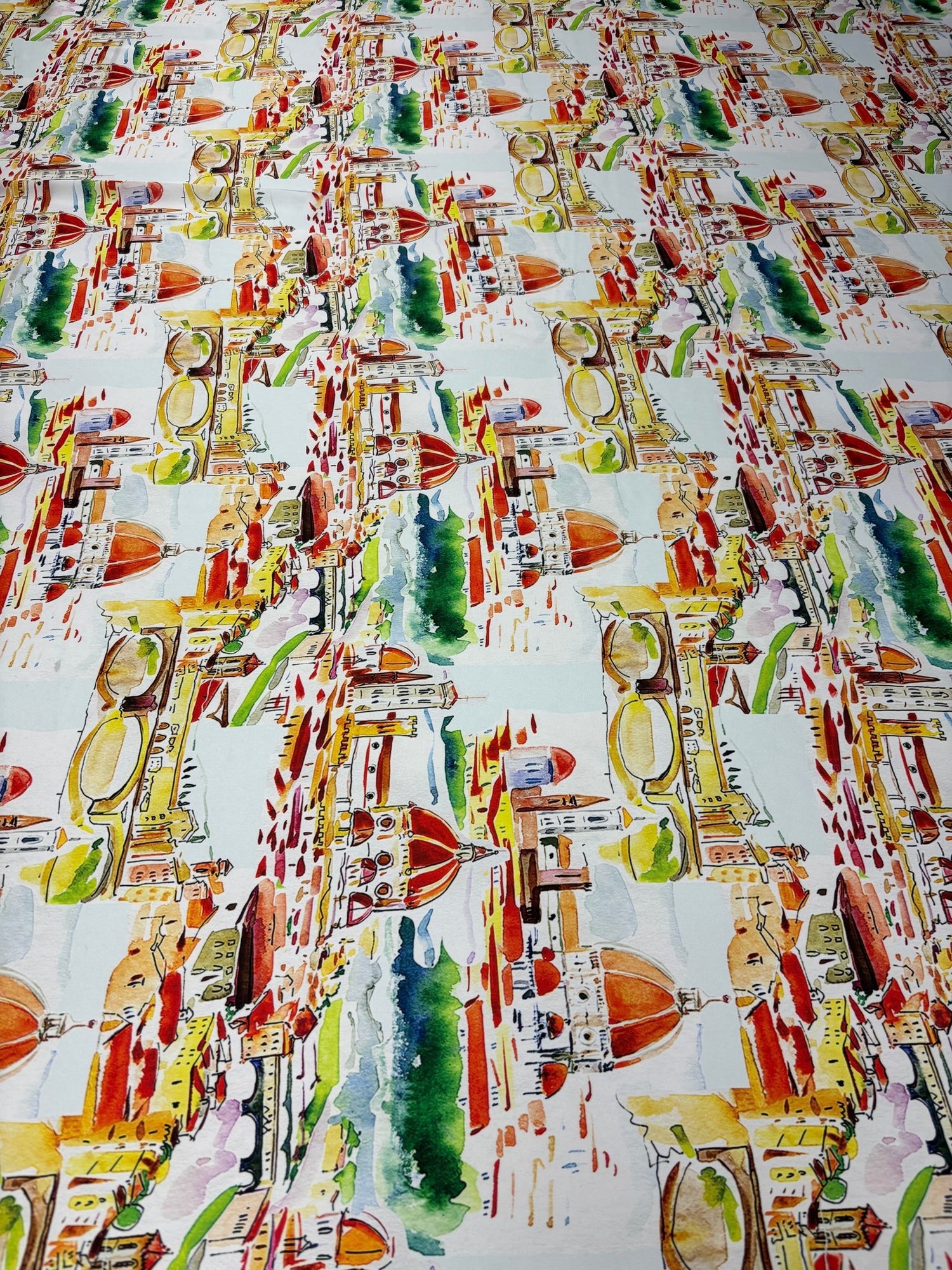 Watercolour City Print Satin Fabric by the Metre - Whotex Fabrics London