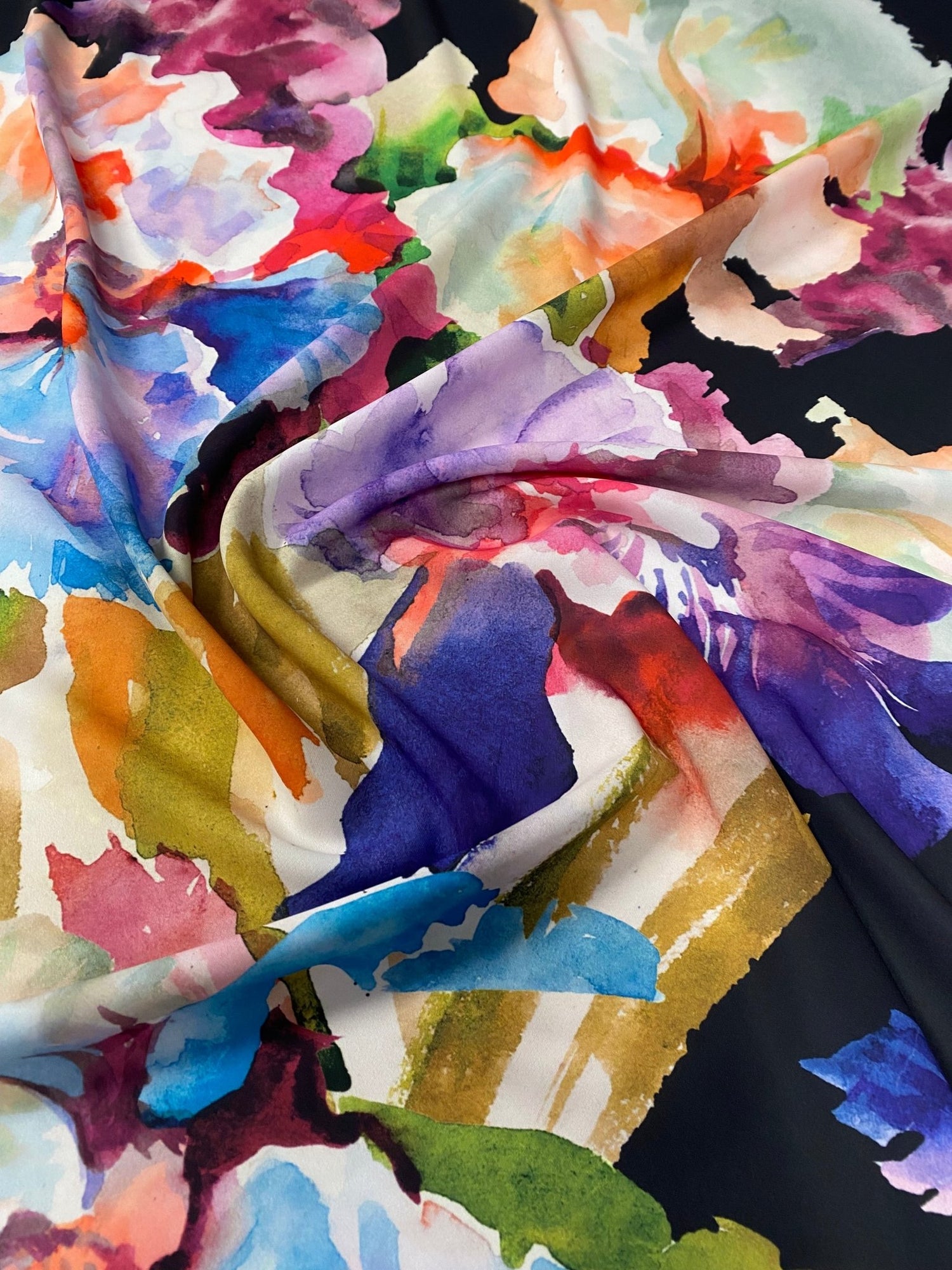 Watercolour Floral Crepe Fabric by the Metre – Black with Colourful Flowers - Whotex Online Fabric Store