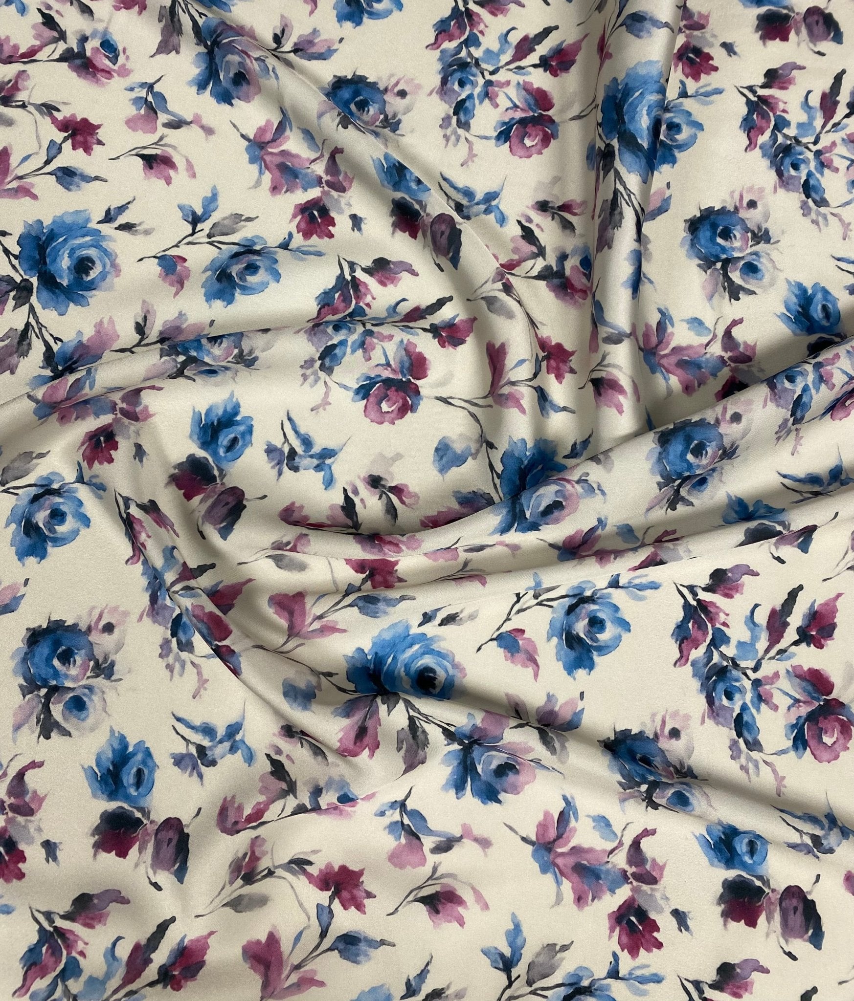 Watercolour Floral Fabric – Blue & Purple Roses - Whotex Fabrics London