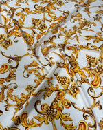White and Gold Baroque Print Fabric – Available in Satin, Crepe, Spandex & Chiffon | By Metre - Whotex Fabrics London