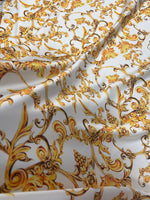 White and Gold Baroque Print Fabric – Available in Satin, Crepe, Spandex & Chiffon | By Metre - Whotex Fabrics London