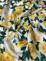 White Satin Fabric with Yellow Rose Floral Print - Whotex Fabrics London