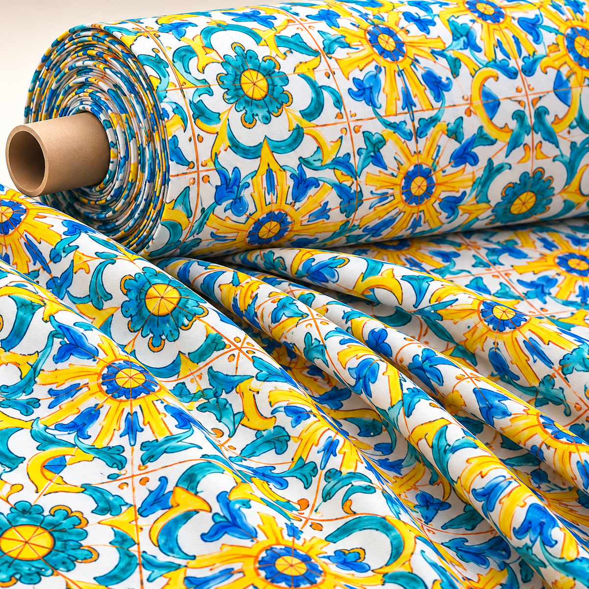 Yellow, Blue & Green Pattern Mediterranean Tile Print Fabric By Metre - Whotex Fabrics London