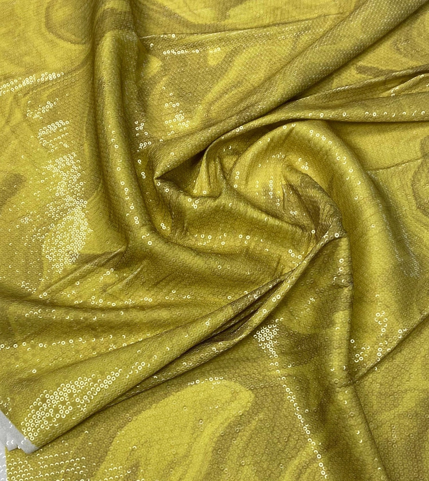 Yellow Marble Effect Print Sequin Fabric by the Metre - Whotex Fabrics London