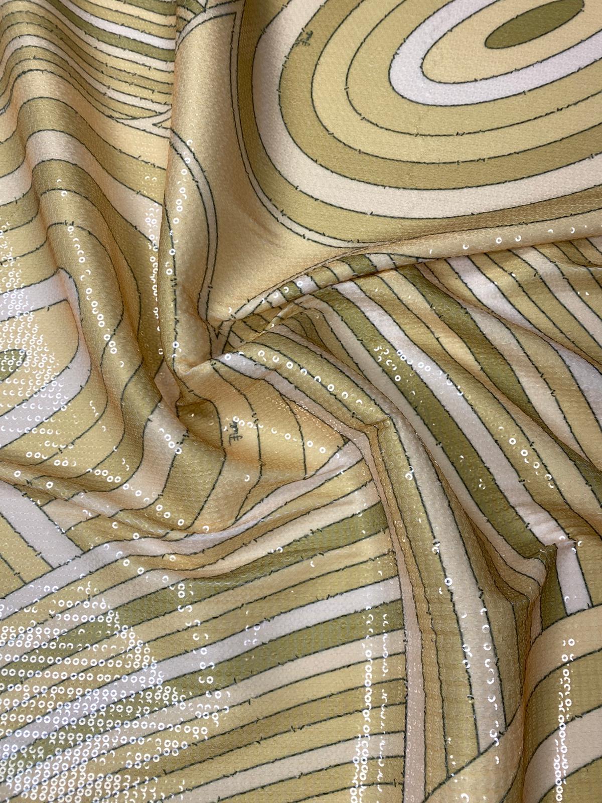 Yellow Retro Geometric Abstract Print Sequin Fabric by the Metre - Whotex Fabrics London